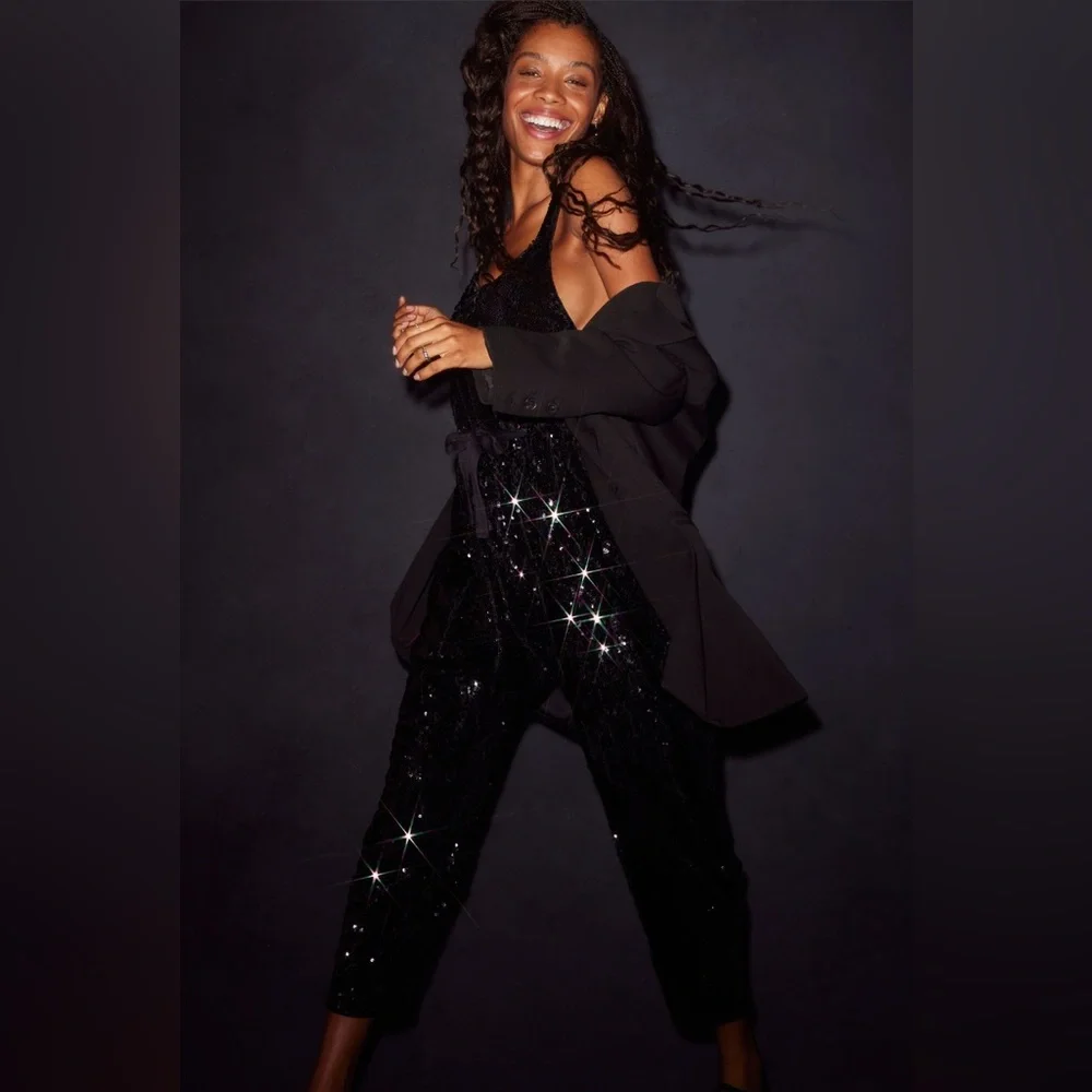 Free People Sparkling Black Sequin Jumpsuit